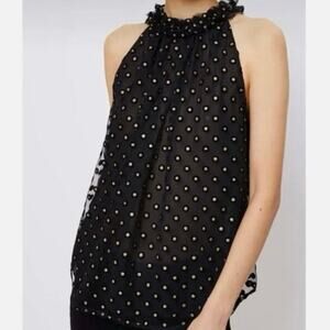 NWT LOFT Black and gold Polka Dot sleeveless high neck Blouse S​